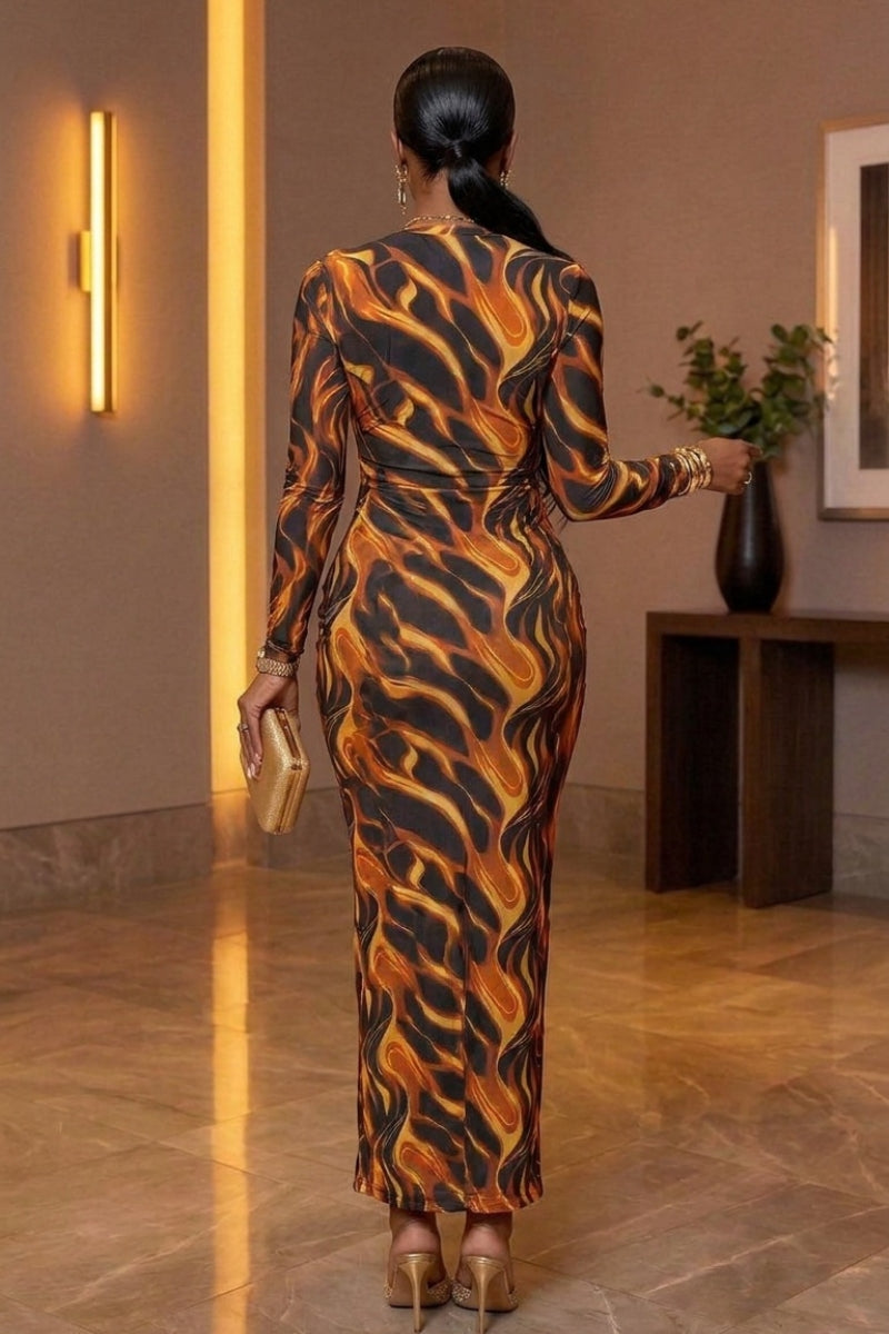 AURA FLAME RUCH BODYCON MAXI MESH DRESS