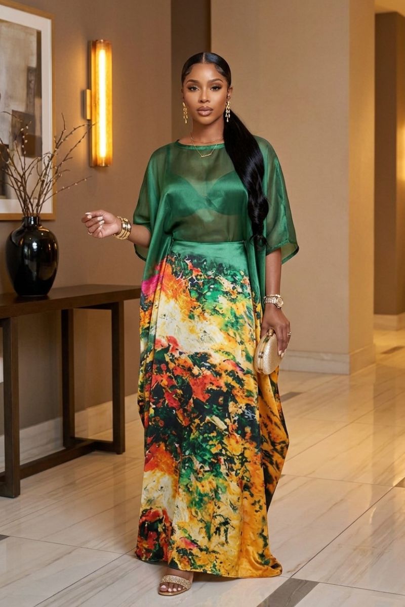 MISS FLORE EMERALD SATIN KAFTAN