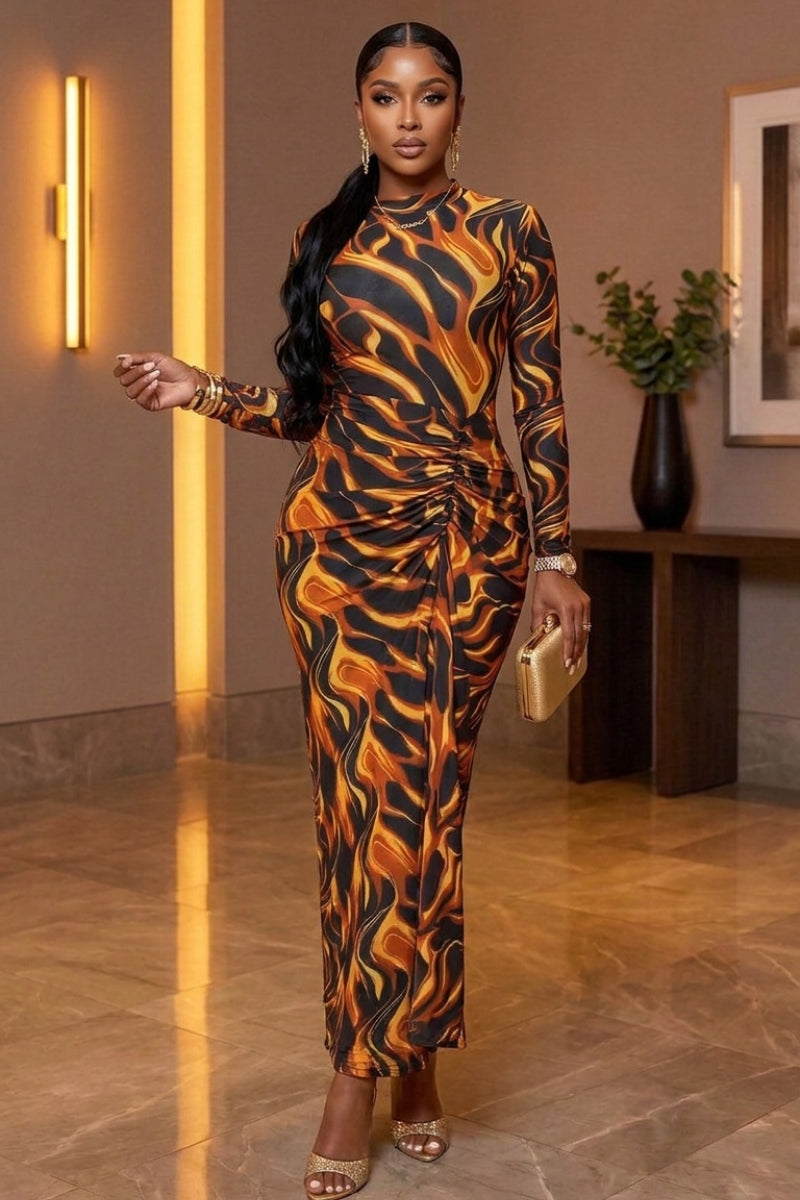 AURA FLAME RUCH BODYCON MAXI MESH DRESS