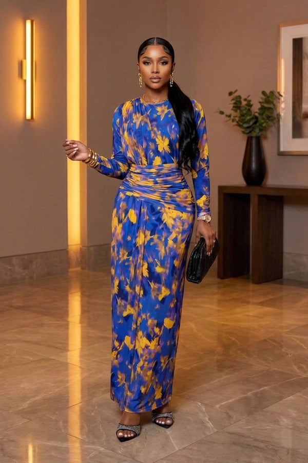 AZURE ROYAL DRAPED BODYCON MAXI MESH DRESS