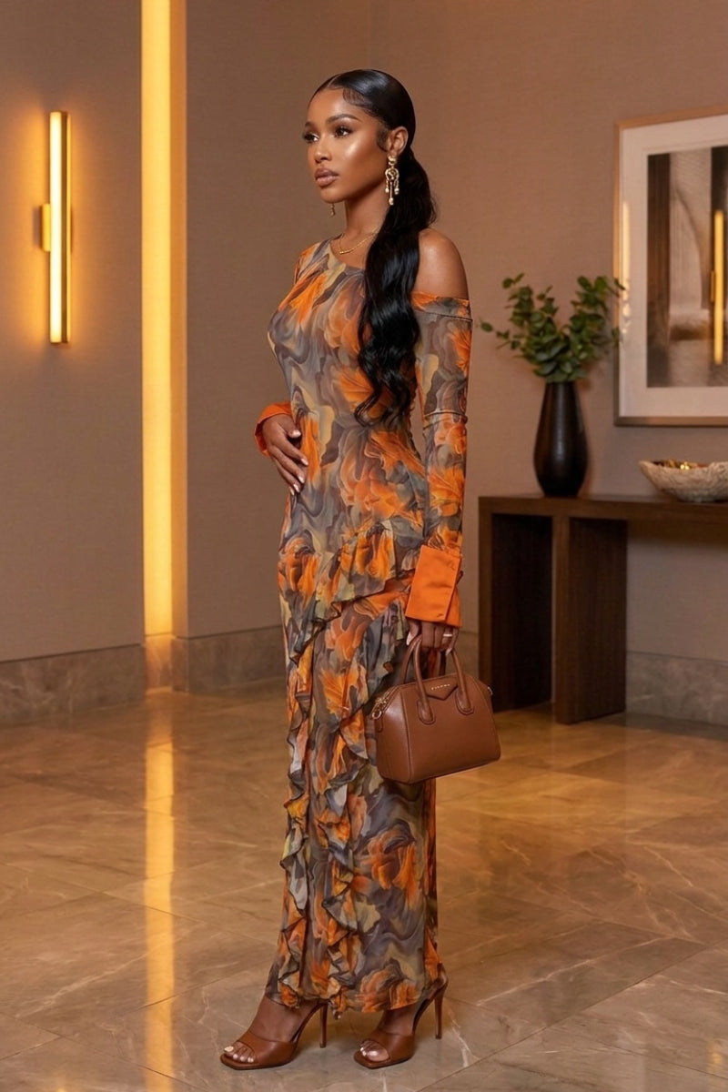 ELOISE MARBLE FLORAL RUFFLE MESH MAXI DRESS