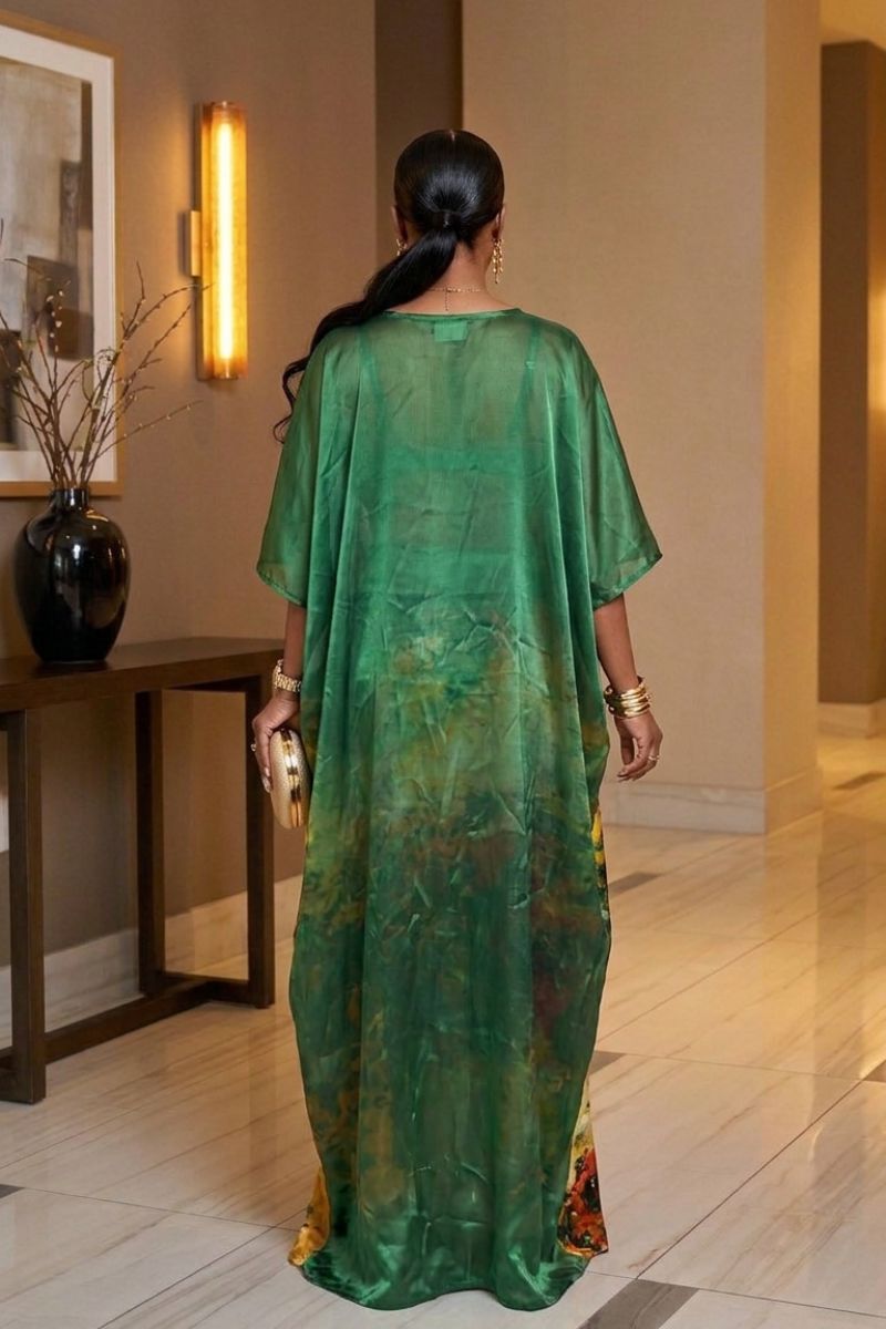 MISS FLORE EMERALD SATIN KAFTAN
